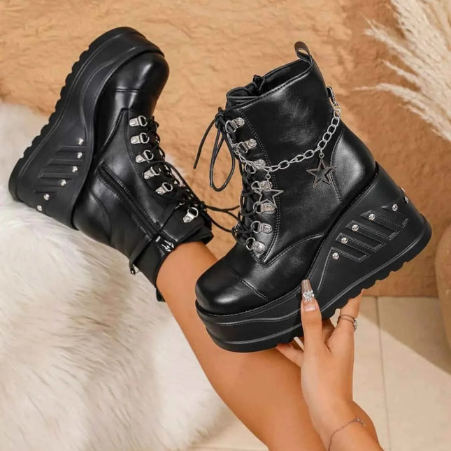 Fashion Platform Goth Boots : With Lace up Wedges Chain, , ["Classy Ballet Flats","Ship From Overseas"], ꫀꪶꫀᧁꪖꪀᥴꫀ꠸ᠻꪗ..