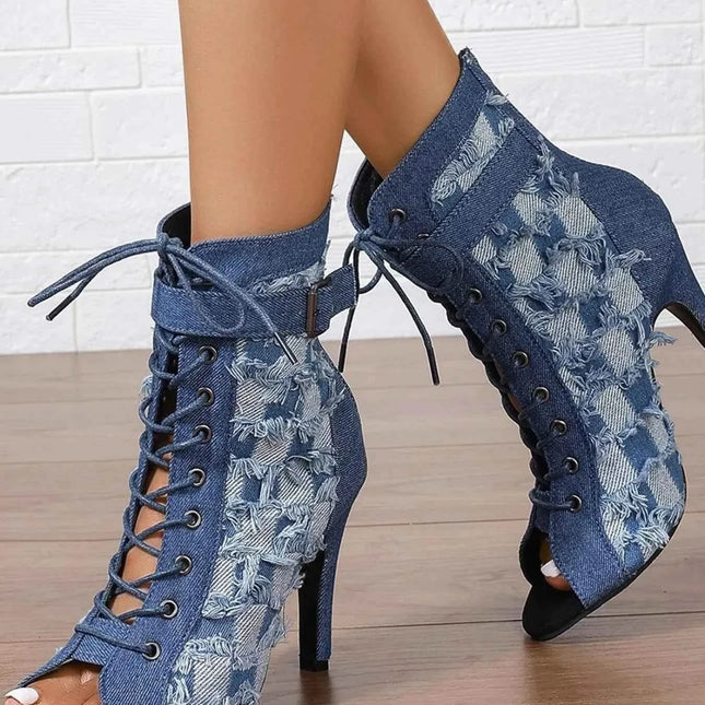 Distressed Denim Lace-Up Peep Toe Ankle Boots, , ["Chroma Creepers","Ship From Overseas"], ꫀꪶꫀᧁꪖꪀᥴꫀ꠸ᠻꪗ..