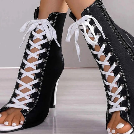 Canvas Lace-Up Peep Toe : Stiletto Ankle Boots, , ["Aloha Sandals","Ship From Overseas","Shipping delay Feb 5 - Feb 28"], ꫀꪶꫀᧁꪖꪀᥴꫀ꠸ᠻꪗ..