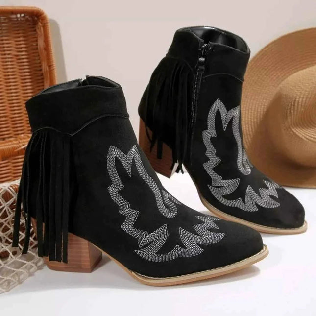 Western Fringe Point Toe : Block Ankle Heel Boots, , ["Classy Ballet Flats","Ship From Overseas","Shipping delay Feb 4 - Feb 24"], ꫀꪶꫀᧁꪖꪀᥴꫀ꠸ᠻꪗ..