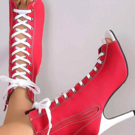 Canvas Lace-Up Peep Toe : Stiletto Ankle Boots, , ["Aloha Sandals","Ship From Overseas","Shipping delay Feb 5 - Feb 28"], ꫀꪶꫀᧁꪖꪀᥴꫀ꠸ᠻꪗ..