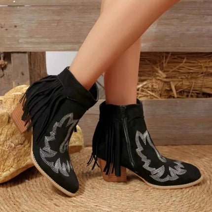 Western Fringe Point Toe : Block Ankle Heel Boots, , ["Classy Ballet Flats","Ship From Overseas","Shipping delay Feb 4 - Feb 24"], ꫀꪶꫀᧁꪖꪀᥴꫀ꠸ᠻꪗ..