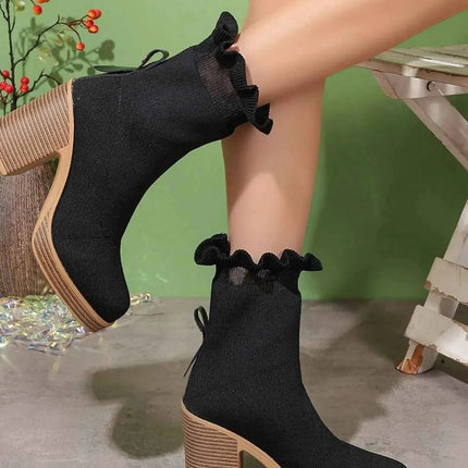 Stylish Ruffled Trim : Chunky Heel Boots, , ["Charming Soles","Ship From Overseas"], ꫀꪶꫀᧁꪖꪀᥴꫀ꠸ᠻꪗ..