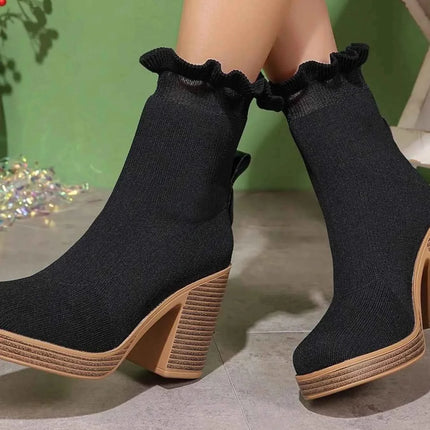 Stylish Ruffled Trim : Chunky Heel Boots, , ["Charming Soles","Ship From Overseas"], ꫀꪶꫀᧁꪖꪀᥴꫀ꠸ᠻꪗ..
