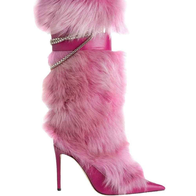 Pink Feather Pointed Toe Stiletto : Chain High Boots, , [], ꫀꪶꫀᧁꪖꪀᥴꫀ꠸ᠻꪗ..