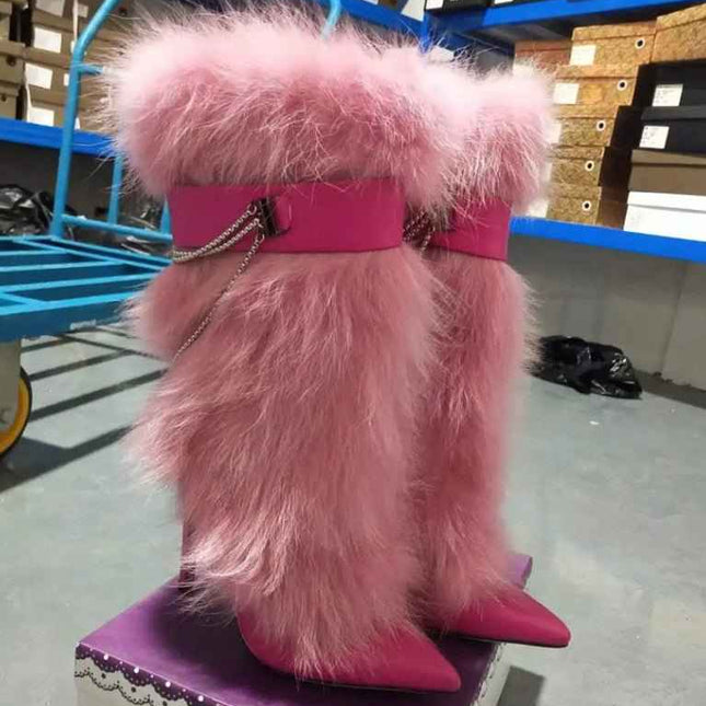 Pink Feather Pointed Toe Stiletto : Chain High Boots, , [], ꫀꪶꫀᧁꪖꪀᥴꫀ꠸ᠻꪗ..