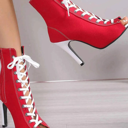 Canvas Lace-Up Peep Toe : Stiletto Ankle Boots, , ["Aloha Sandals","Ship From Overseas","Shipping delay Feb 5 - Feb 28"], ꫀꪶꫀᧁꪖꪀᥴꫀ꠸ᠻꪗ..