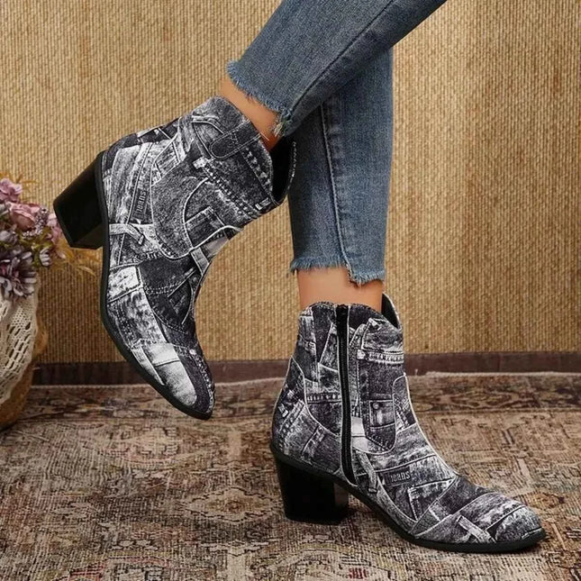 Demin Print : Point Toe Block Ankle Boots, , ["Classy Ballet Flats","Ship From Overseas","Shipping delay Feb 4 - Feb 24"], ꫀꪶꫀᧁꪖꪀᥴꫀ꠸ᠻꪗ..
