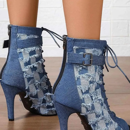 Distressed Denim Lace-Up Peep Toe Ankle Boots, , ["Chroma Creepers","Ship From Overseas"], ꫀꪶꫀᧁꪖꪀᥴꫀ꠸ᠻꪗ..