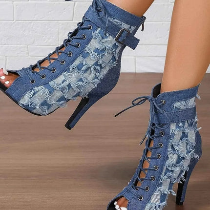 Distressed Denim Lace-Up Peep Toe Ankle Boots, , ["Chroma Creepers","Ship From Overseas"], ꫀꪶꫀᧁꪖꪀᥴꫀ꠸ᠻꪗ..