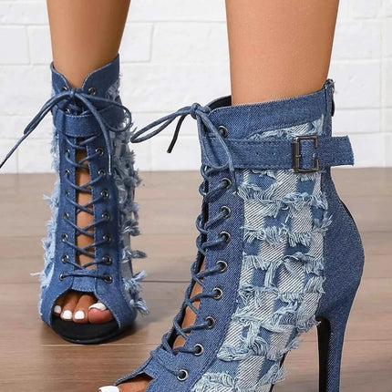 Distressed Denim Lace-Up Peep Toe Ankle Boots, , ["Chroma Creepers","Ship From Overseas"], ꫀꪶꫀᧁꪖꪀᥴꫀ꠸ᠻꪗ..
