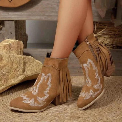 Western Fringe Point Toe : Block Ankle Heel Boots, , ["Classy Ballet Flats","Ship From Overseas","Shipping delay Feb 4 - Feb 24"], ꫀꪶꫀᧁꪖꪀᥴꫀ꠸ᠻꪗ..