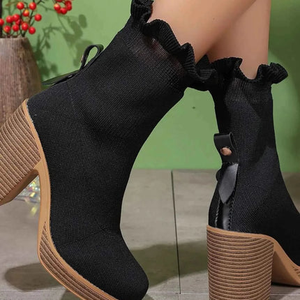Stylish Ruffled Trim : Chunky Heel Boots, , ["Charming Soles","Ship From Overseas"], ꫀꪶꫀᧁꪖꪀᥴꫀ꠸ᠻꪗ..