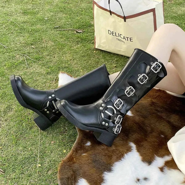 Block Heel Knee High : Motorcycle Boots With Buckle, , ["Dear Monkey","Ship From Overseas"], ꫀꪶꫀᧁꪖꪀᥴꫀ꠸ᠻꪗ..