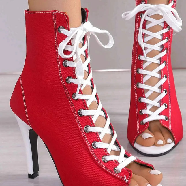 Canvas Lace-Up Peep Toe : Stiletto Ankle Boots, , ["Aloha Sandals","Ship From Overseas","Shipping delay Feb 5 - Feb 28"], ꫀꪶꫀᧁꪖꪀᥴꫀ꠸ᠻꪗ..