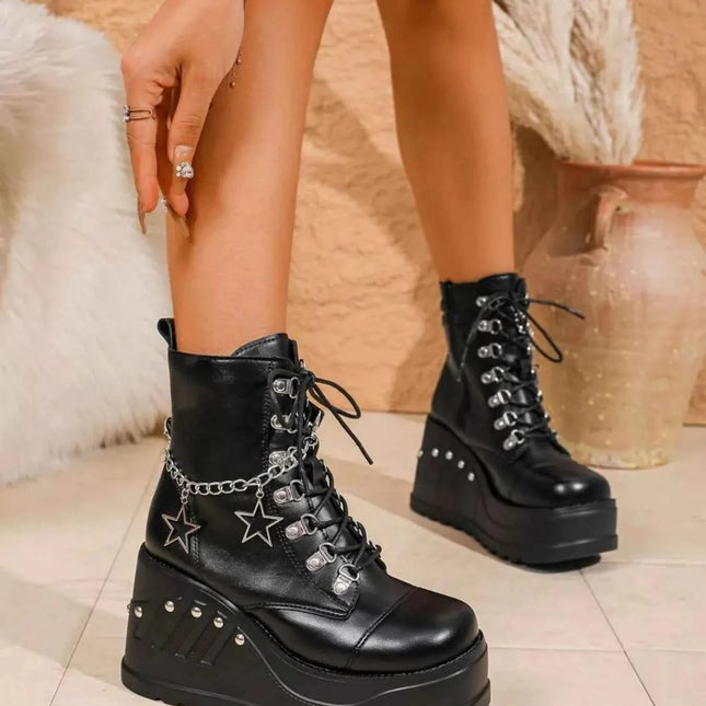Fashion Platform Goth Boots : With Lace up Wedges Chain, , ["Classy Ballet Flats","Ship From Overseas"], ꫀꪶꫀᧁꪖꪀᥴꫀ꠸ᠻꪗ..