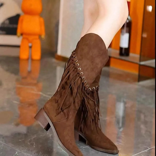 Fringed Point Toe Block : Heel Boots, , ["Classy Ballet Flats","Ship From Overseas"], ꫀꪶꫀᧁꪖꪀᥴꫀ꠸ᠻꪗ..
