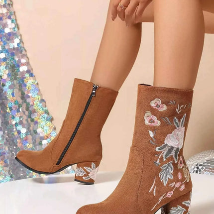 Floral Embroidered : Block Heel Boots, , ["Classy Ballet Flats","Ship From Overseas"], ꫀꪶꫀᧁꪖꪀᥴꫀ꠸ᠻꪗ..