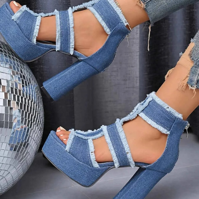 Denim Platform Block Heel Sandals : With Frayed Edge Detail, , ["Nebula Oxford","Ship From Overseas"], ꫀꪶꫀᧁꪖꪀᥴꫀ꠸ᠻꪗ..