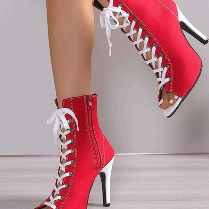 Canvas Lace-Up Peep Toe : Stiletto Ankle Boots, , ["Aloha Sandals","Ship From Overseas","Shipping delay Feb 5 - Feb 28"], ꫀꪶꫀᧁꪖꪀᥴꫀ꠸ᠻꪗ..
